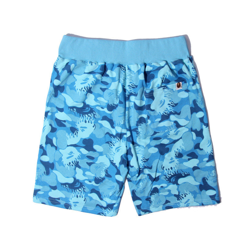 Bathing Shark and ape head print Shorts Flame Blue Camo Shark Straight Beach Pants NextBlock