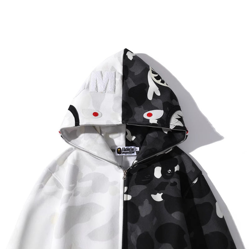 Bathing Shark and ape head print Hoodie shark head black and white luminous color matching sweater NextBlock