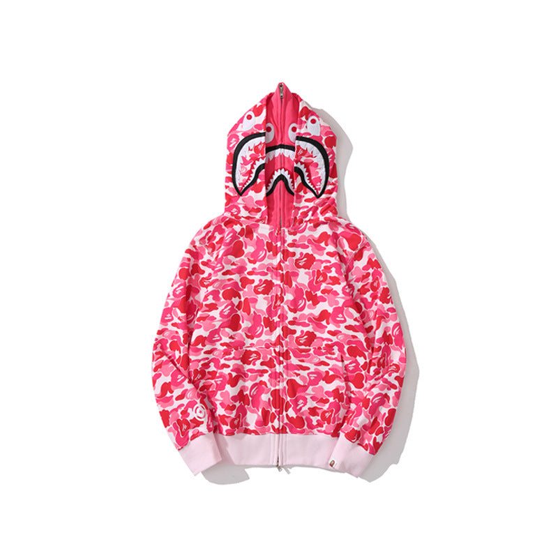 Bathing Shark and ape head print Hoodie Camouflage Double Hat Autumn / Winter Fleece Cardigan Zipper Loose Shark NextBlock