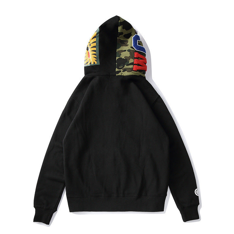 Bathing Shark and ape head print Autumn and Winter Men's Cotton Shark Head Camouflage Patchwork Hoodie Fleece Jacket NextBlock