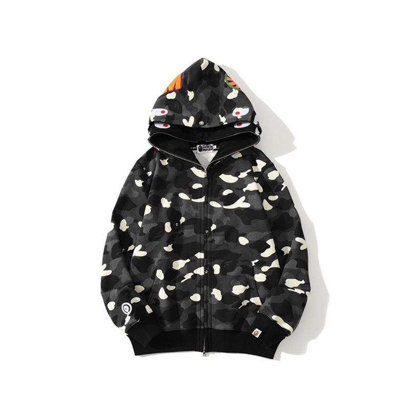 Bathing Shark and ape head print Hoodie Shark Head Embroidery Luminous Spot Camouflage Double Hood Brushed Hoody Men and NextBlock