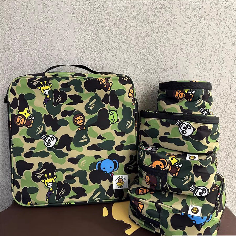Bathing Shark and ape head print Bag Green Camouflage Little Monkey Storage Bag Five-piece Set NextBlock