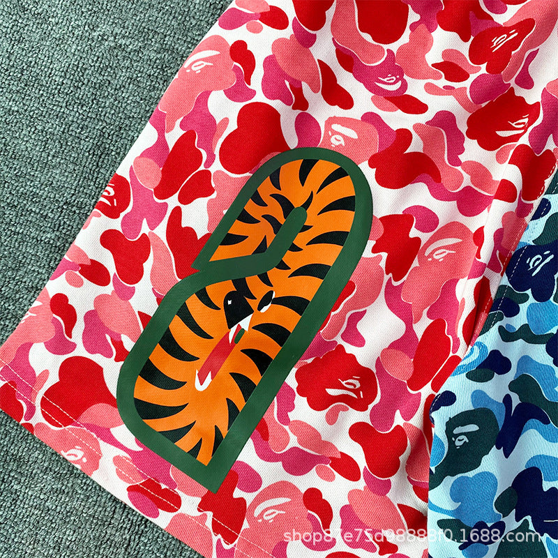 Bathing Shark and ape head print Shorts Camo Alphabet Shark Straight Beach Pants NextBlock