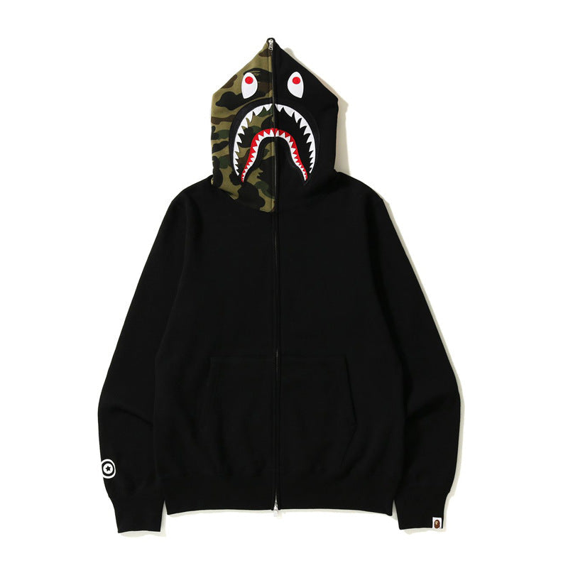 Bathing Shark and ape head print Hoodie Splicing Camouflage Sweater Cardigan Hooded NextBlock