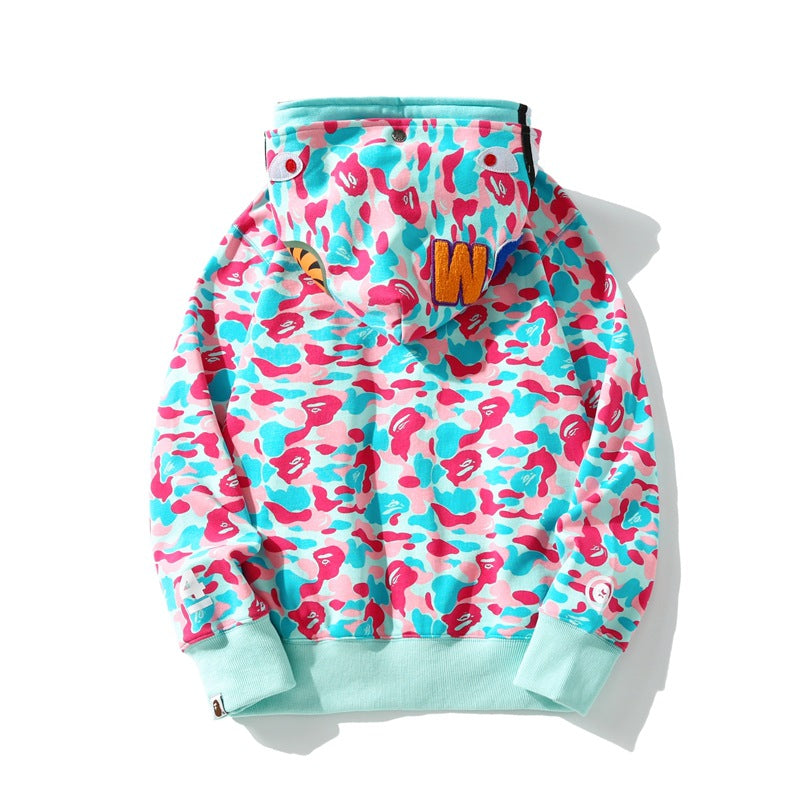 Bathing Shark and ape head print Hoodie Miami Two-Hat Cardigan Zipper Fall / Winter Velvet Shark NextBlock