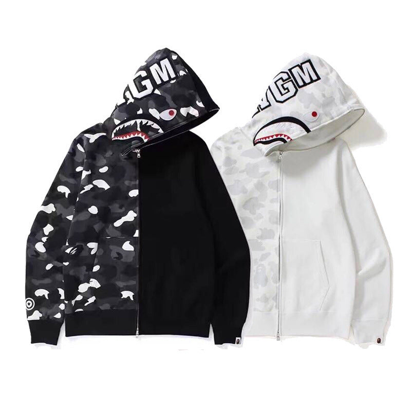 Bathing Shark and ape head print Ape Head Camouflage Stitching Sweatshirt Hooded Zipper Fleece Jacket NextBlock