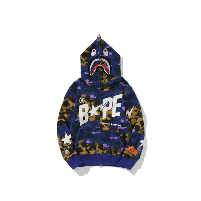 Bathing Shark and ape head print Hoodie Shark Head Star Camo Sweater NextBlock