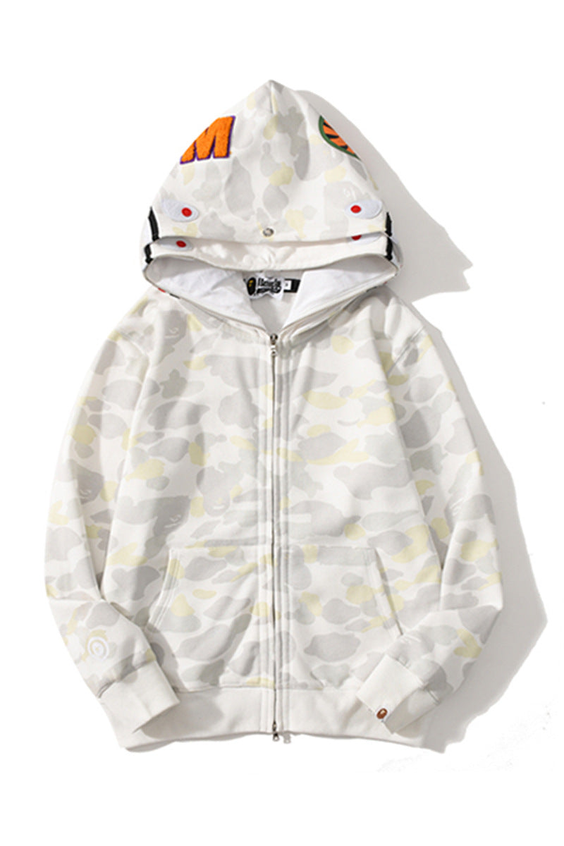 Bathing Shark and ape head print Hoodie Double Hat Luminous Camouflage Cardigan Zip Hooded Velvet Shark NextBlock