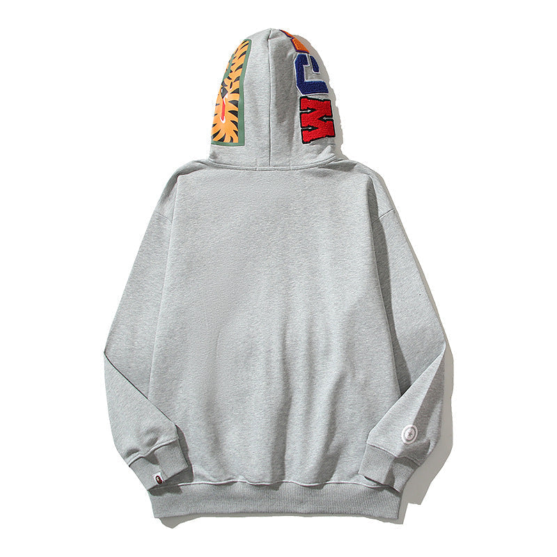 Bathing Shark and ape head print Hoodie Embroidery Solid Color Sweater Men NextBlock
