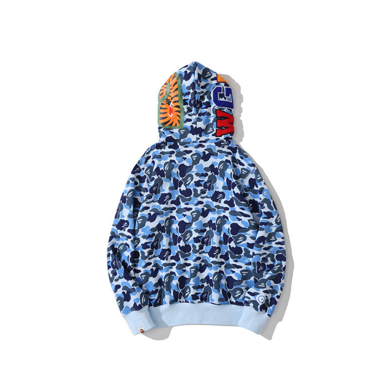 Bathing Shark and ape head print Hoodie Camouflage Double Hat Autumn / Winter Fleece Cardigan Zipper Loose Shark NextBlock