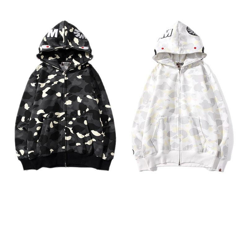 Bathing Shark and ape head print Hoodie camouflage luminous sweater men's autumn and winter cardigan NextBlock
