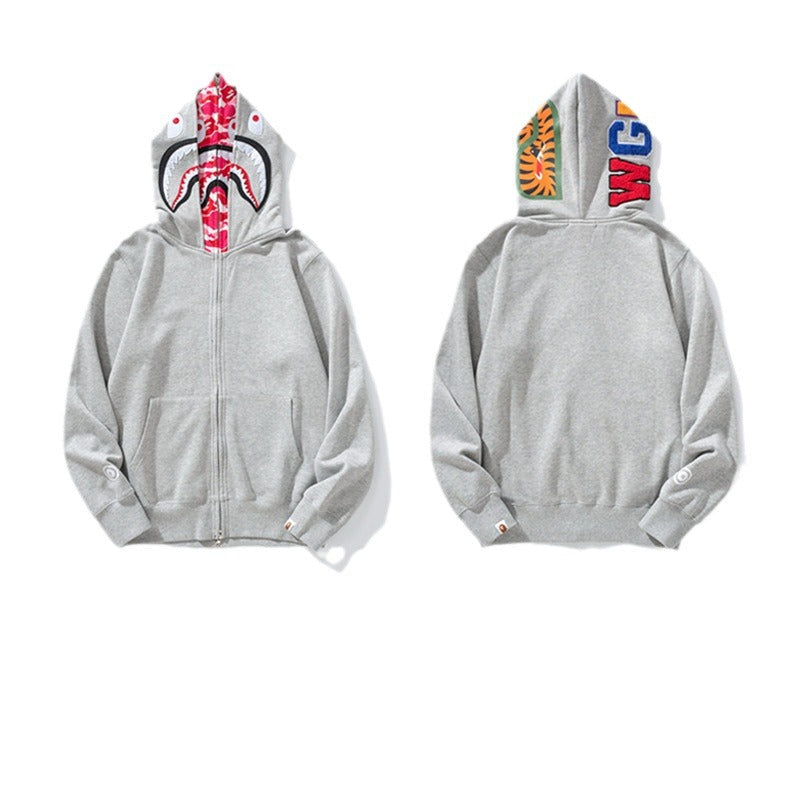 Bathing Shark and ape head print Hoodie Grey Pink Double Hood Cardigan Zip Hooded Fleece Shark NextBlock
