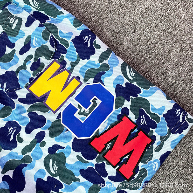 Bathing Shark and ape head print Shorts Camo Alphabet Shark Straight Beach Pants NextBlock