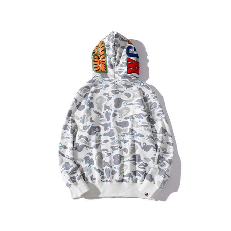 Bathing Shark and ape head print Hoodie Luminous Starry Sky Two-Hat Cardigan Zipper Velvet Shark NextBlock