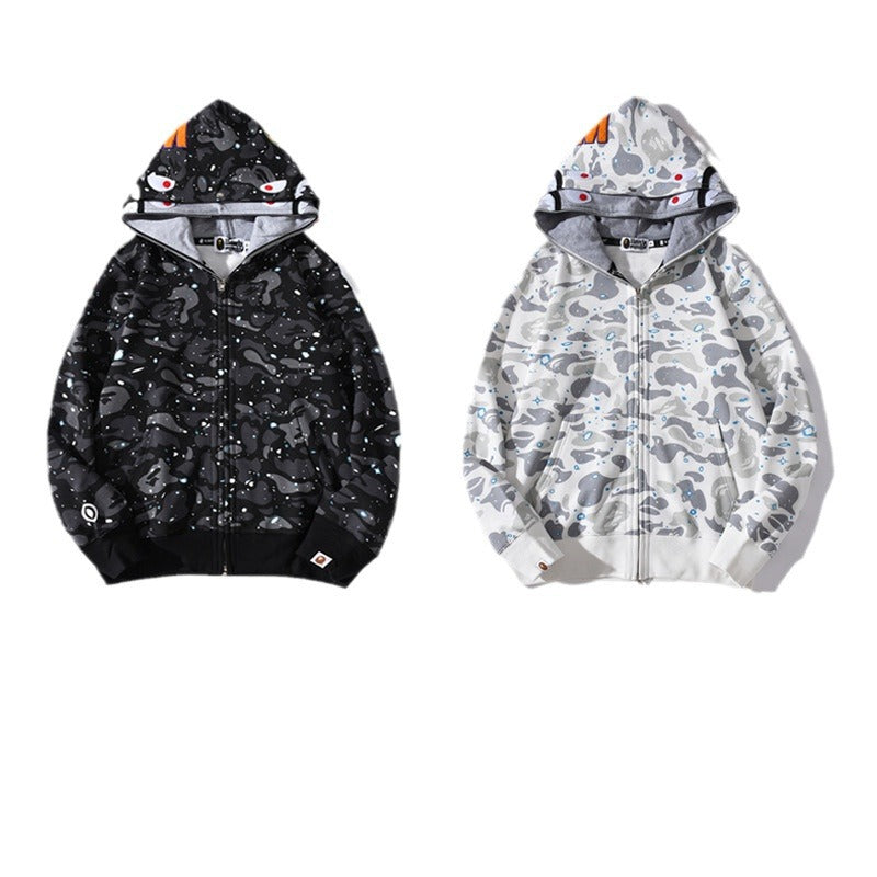 Bathing Shark and ape head print Hoodie Luminous Starry Sky Two-Hat Cardigan Zipper Velvet Shark NextBlock