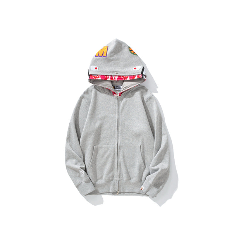 Bathing Shark and ape head print Hoodie Grey Pink Double Hood Cardigan Zip Hooded Fleece Shark NextBlock