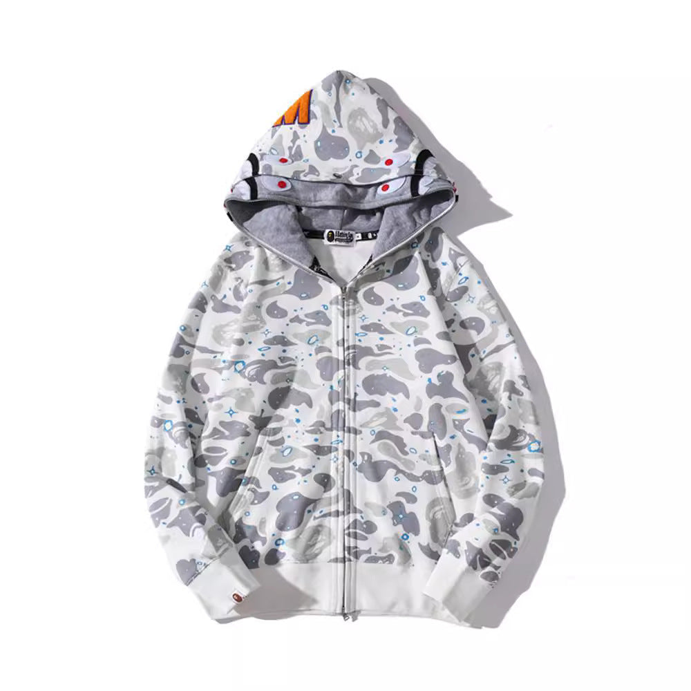 Bathing Shark and ape head print Hoodie Luminous Starry Sky Two-Hat Cardigan Zipper Velvet Shark NextBlock