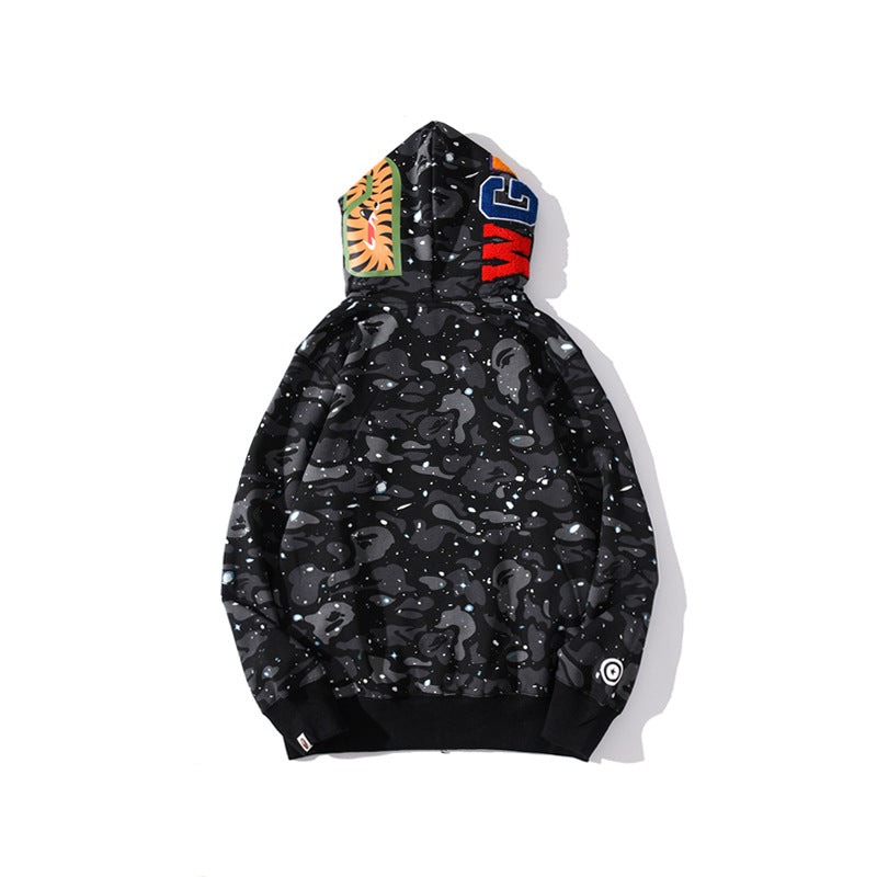 Bathing Shark and ape head print Hoodie Luminous Starry Sky Two-Hat Cardigan Zipper Velvet Shark NextBlock