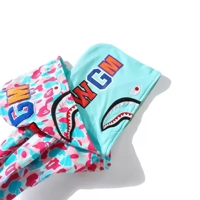 Bathing Shark and ape head print Hoodie Miami Two-Hat Cardigan Zipper Fall / Winter Velvet Shark NextBlock