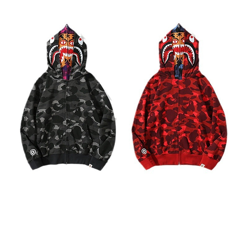 Bathing Shark and ape head print Hoodie Camouflage Shark Tiger Head Double Hat Sweater NextBlock