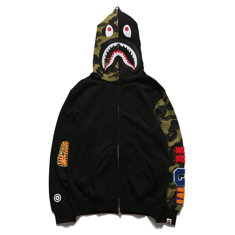 Bathing Shark and ape head print Hoodie Splicing Camouflage Sweater Male Shark Autumn NextBlock