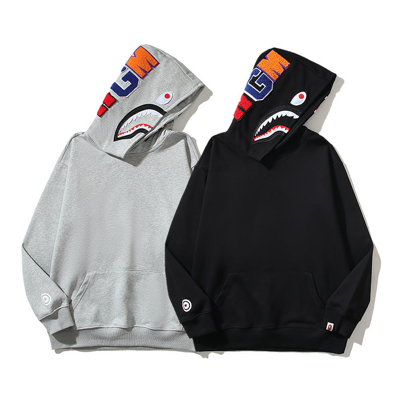 Bathing Shark and ape head print Hoodie Embroidery Solid Color Sweater Men NextBlock