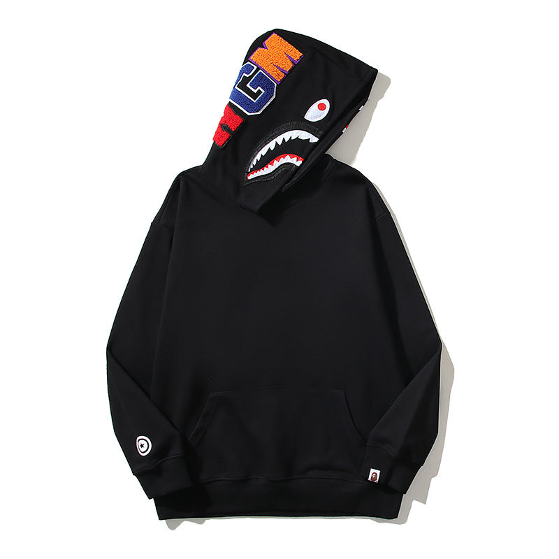 Bathing Shark and ape head print Hoodie Embroidery Solid Color Sweater Men NextBlock