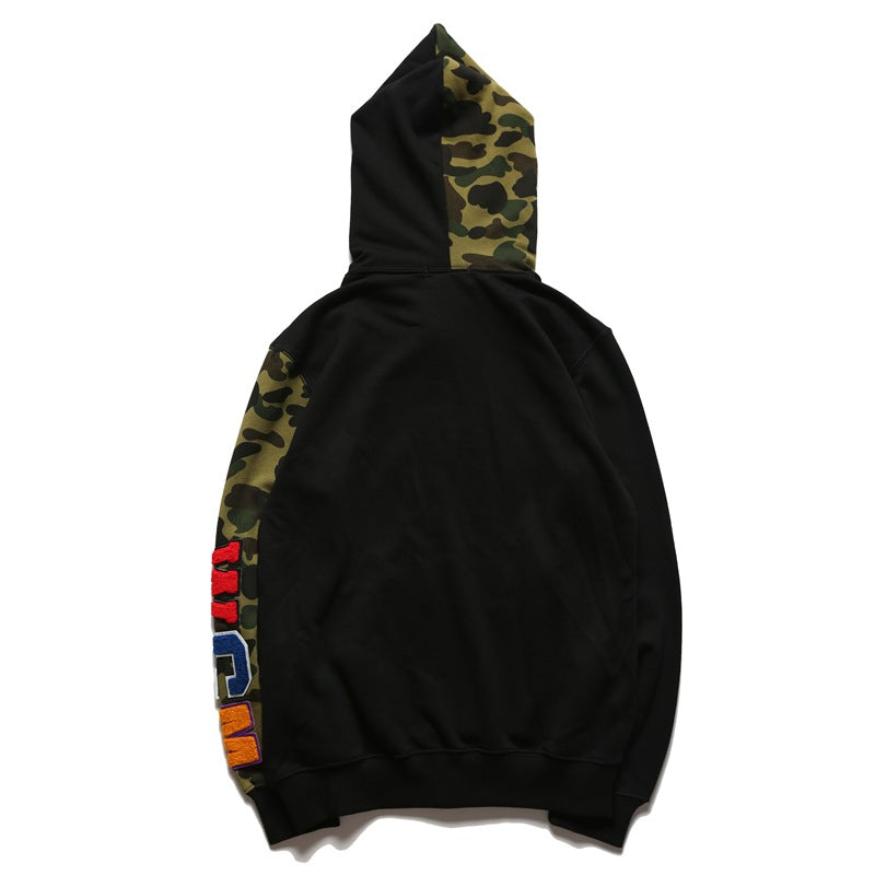 Bathing Shark and ape head print Hoodie Splicing Camouflage Sweater Male Shark Autumn NextBlock