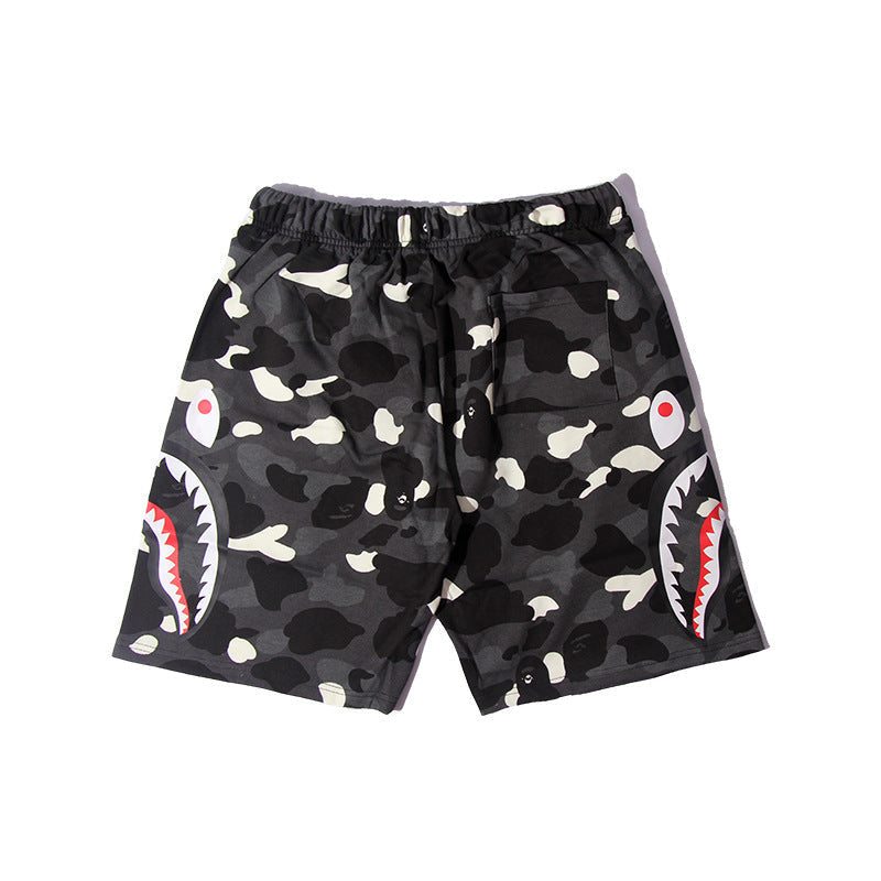 Bathing Shark and ape head print Shorts Camo luminous shark side print five-point pants straight beach pants NextBlock