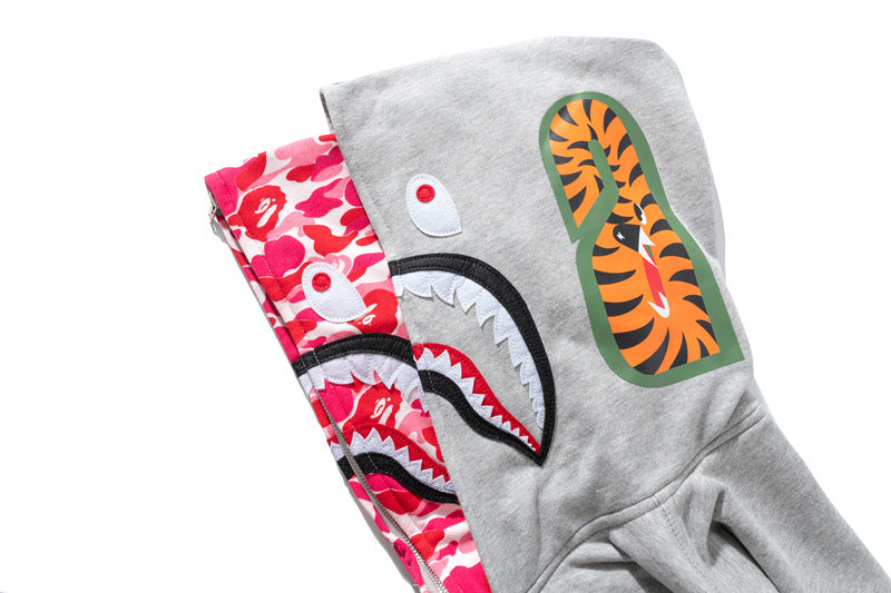 Bathing Shark and ape head print Hoodie Grey Pink Double Hood Cardigan Zip Hooded Fleece Shark NextBlock