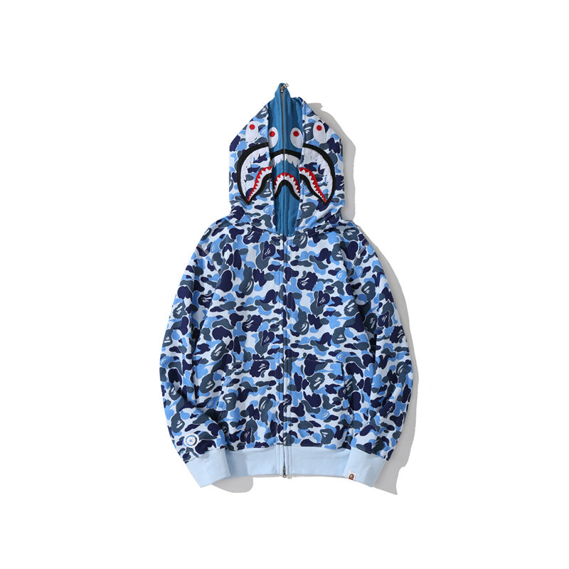 Bathing Shark and ape head print Hoodie Camouflage Double Hat Autumn / Winter Fleece Cardigan Zipper Loose Shark NextBlock
