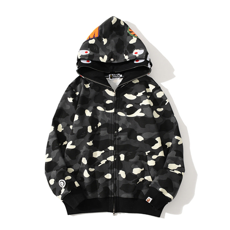 Bathing Shark and ape head print Hoodie Double Hat Luminous Camouflage Cardigan Zip Hooded Velvet Shark NextBlock