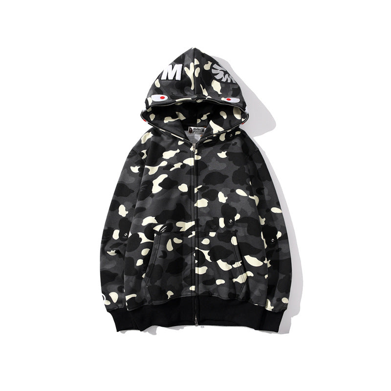 Bathing Shark and ape head print Hoodie camouflage luminous sweater men's autumn and winter cardigan NextBlock