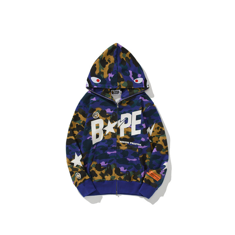 Bathing Shark and ape head print Hoodie Shark Head Star Camo Sweater NextBlock