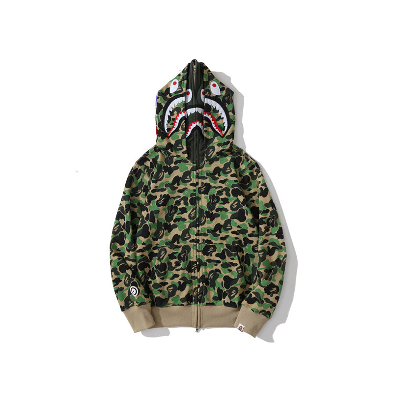 Bathing Shark and ape head print Hoodie Camouflage Double Hat Autumn / Winter Fleece Cardigan Zipper Loose Shark NextBlock