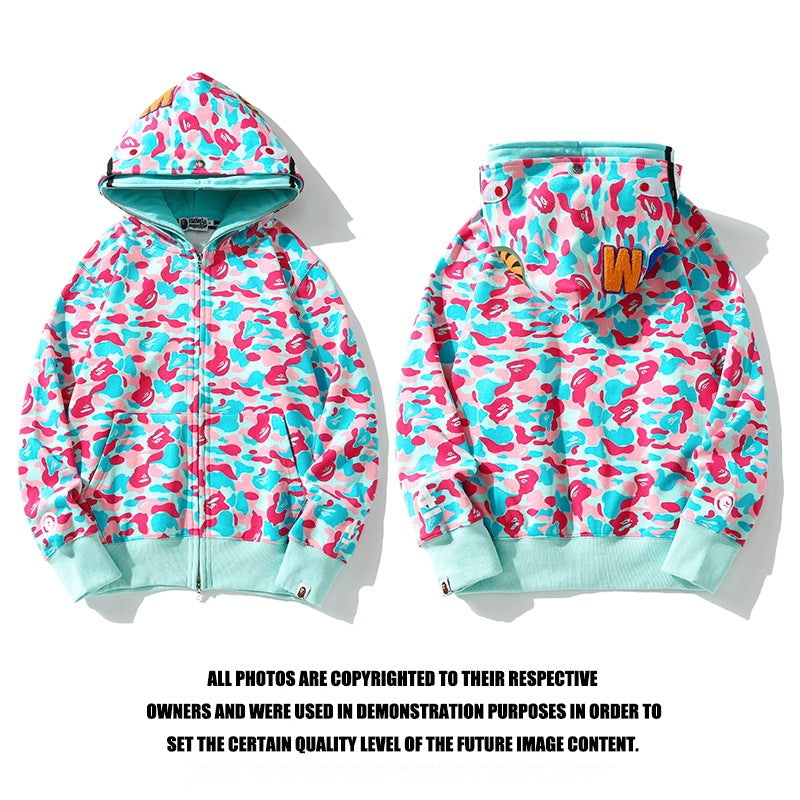 Bathing Shark and ape head print Hoodie Miami Two-Hat Cardigan Zipper Fall / Winter Velvet Shark NextBlock