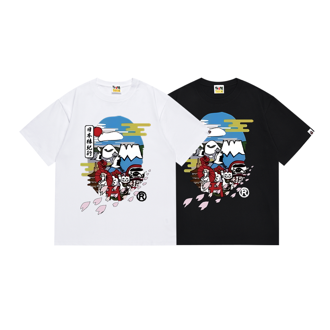 Bathing Shark and ape head print T-Shirt NextBlock