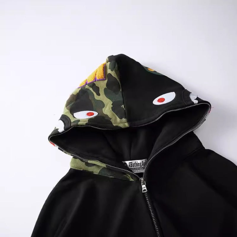 Bathing Shark and ape head print Hoodie Splicing Camouflage Sweater Cardigan Hooded NextBlock