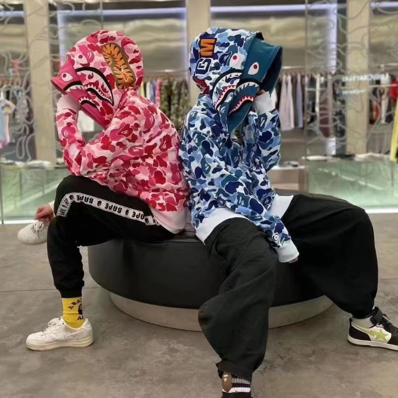 Bathing Shark and ape head print Hoodie Shark Double Hood Men's and Women's Cardigan Zip Sweater NextBlock