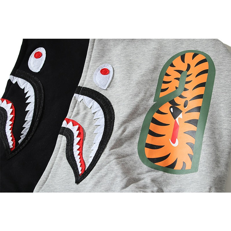 Bathing Shark and ape head print Hoodie Embroidery Solid Color Sweater Men NextBlock