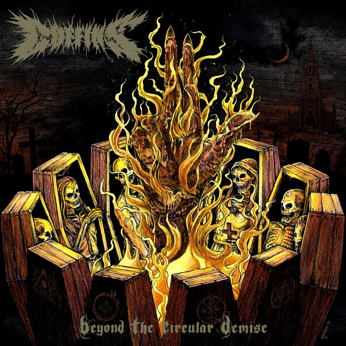 Coffins - Beyond The Circular Demise (LP, black ice with mustard, Halloween orange and oxblood splatter vinyl)