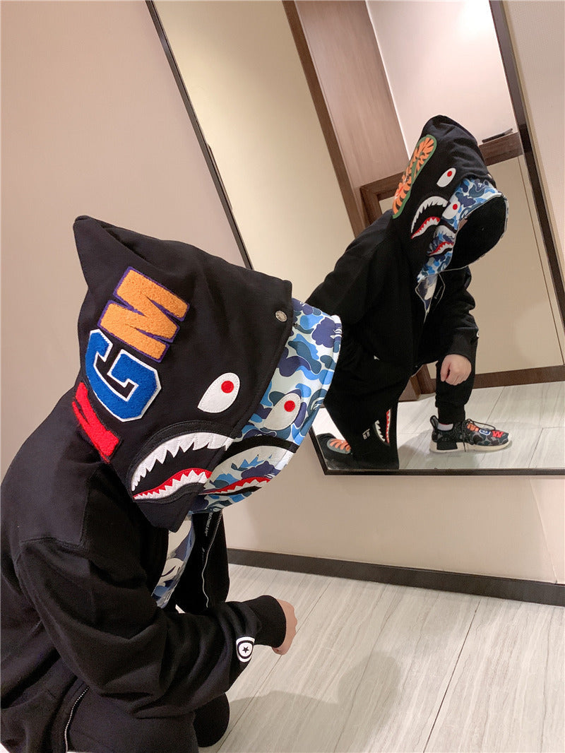 Bathing Shark and ape head print Hoodie Camouflage Cardigan Men's and Women's Sweater Hoodie Coat NextBlock