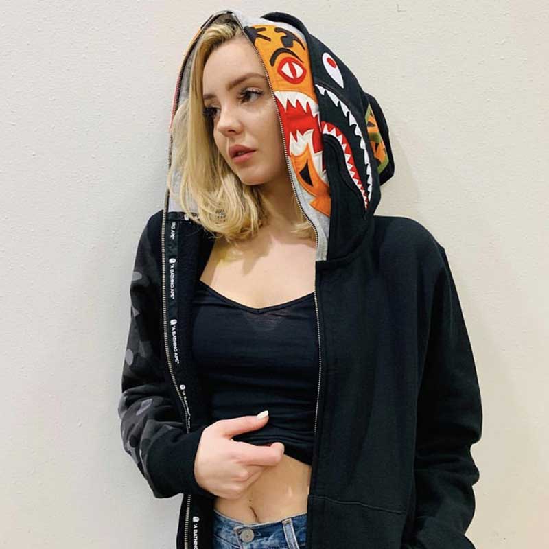 Bathing Shark and ape head print Tiger Head Shark Double Hoodie Sweater Camouflage Hoodie Thin Velvet Terry Hoodie NextBlock