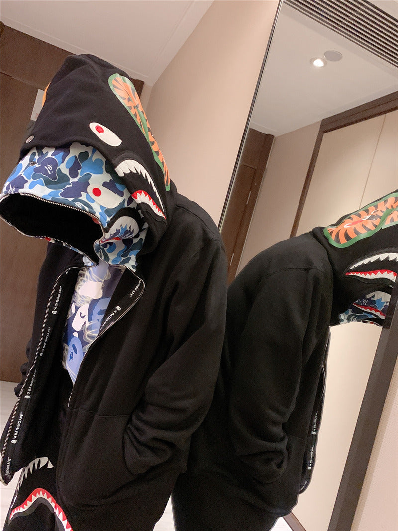 Bathing Shark and ape head print Hoodie Camouflage Cardigan Men's and Women's Sweater Hoodie Coat NextBlock