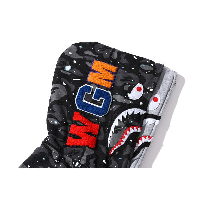 Bathing Shark and ape head print Hoodie Luminous Starry Sky Two-Hat Cardigan Zipper Velvet Shark NextBlock
