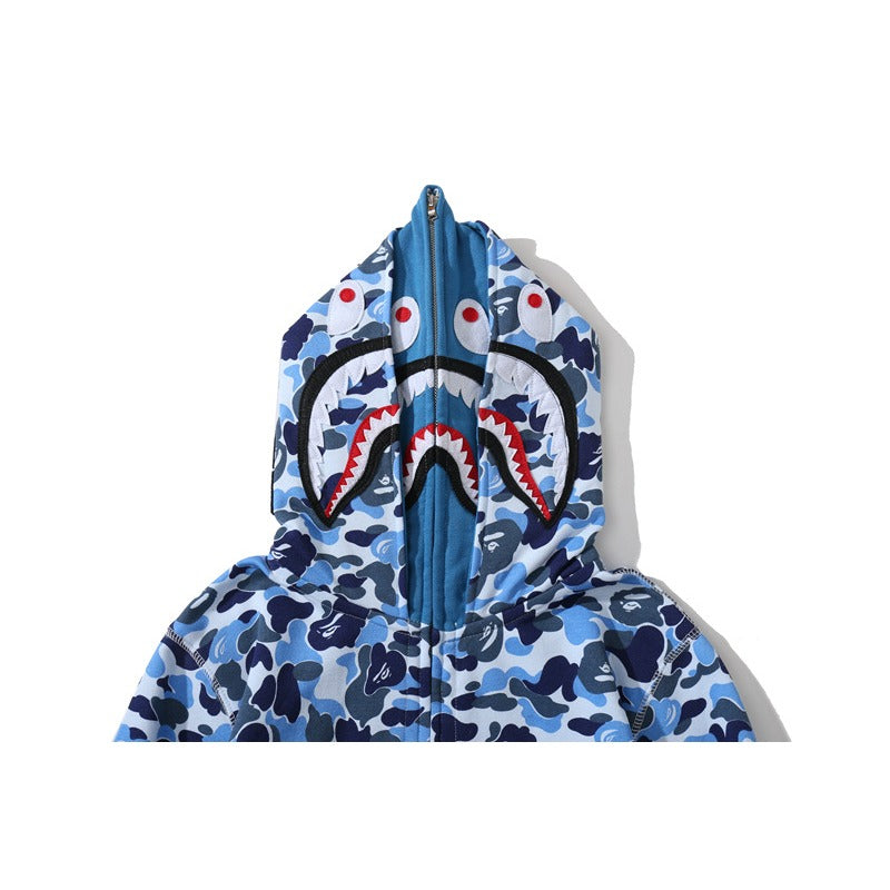 Bathing Shark and ape head print Hoodie Camouflage Double Hat Autumn / Winter Fleece Cardigan Zipper Loose Shark NextBlock