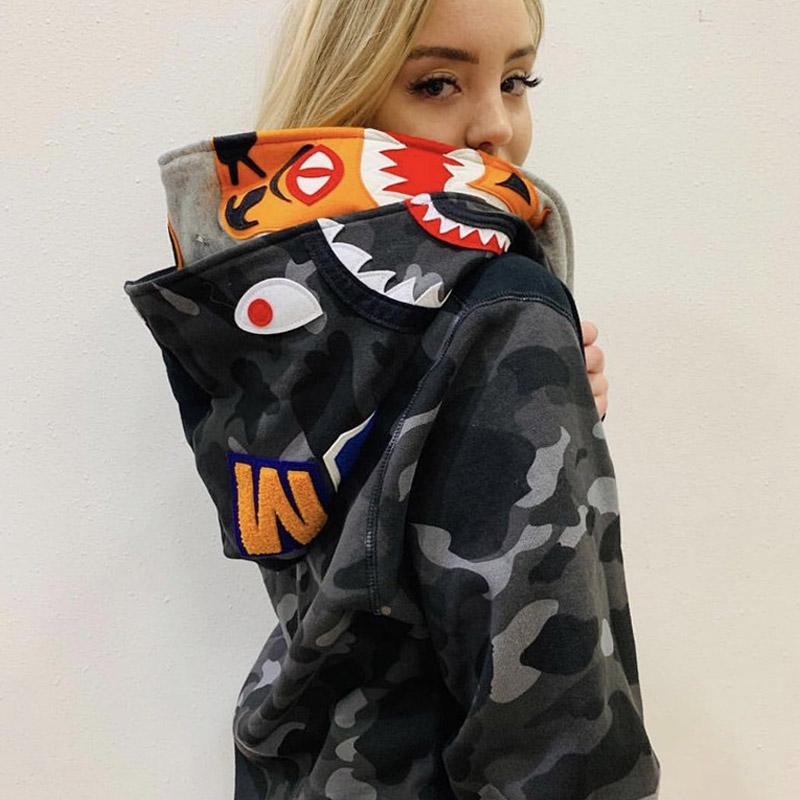 Bathing Shark and ape head print Hoodie Tiger Head Shark Double Hood Sweater Camouflage Hoodie Youth Hooded Sweater Casu NextBlock